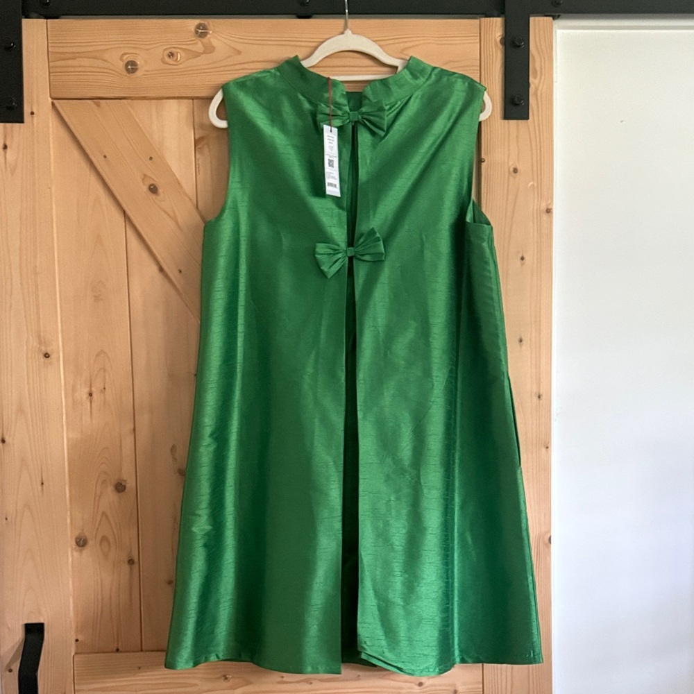 Frances Valentine Emerald Green Sleeveless A-Line Dress with Bow Accents